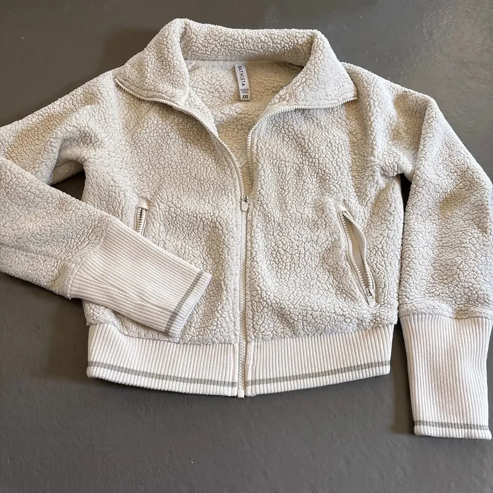 Athleta Tugga Ivory White Sherpa Fleece Full Zip Cropped Jacket XXS - Picture 2 of 7